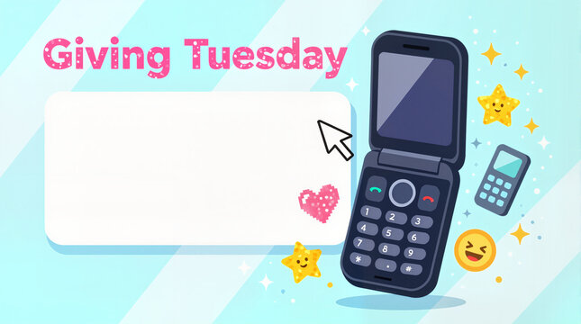 Y2K mobile device mockup with animated heart cursor and glitter star icons against a soft glass blue background, Giving Tuesday concept.