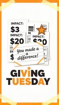 DIY zine layout showcasing torn receipts with &ldquo;You made a difference!&rdquo; message and &ldquo;Giving Tuesday&rdquo; letters, creative fundraiser concept, nonprofit organization.