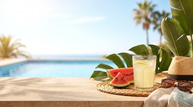 Summer poolside refreshment with watermelon and tropical leaves