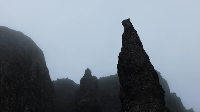 Mythical rock formations of the Quiraing, including the Needle, on the Isle of Skye, Scotland