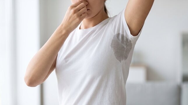 Woman examining underarm skin, representing beauty care, dermatology, personal wellness, and hygiene awareness.