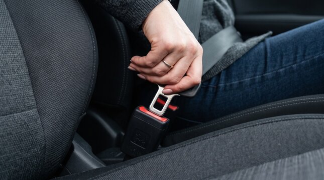 Close up of driver buckling seat belt, symbolizing automotive safety, passenger protection, and driving awareness.