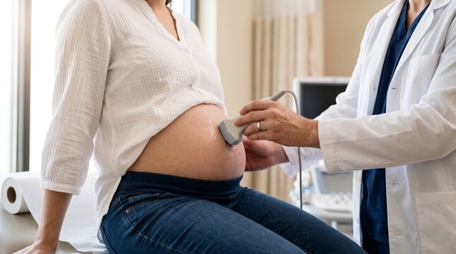 Pregnant patient during ultrasound appointment, symbolizing early pregnancy monitoring, fetal health, and compassionate healthcare.