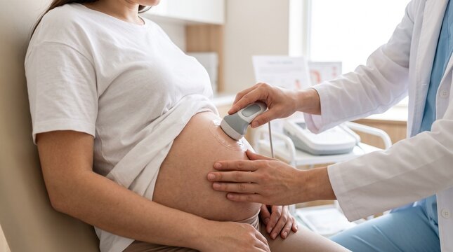 Pregnant woman receiving ultrasound checkup from doctor, representing pregnancy care, motherhood, healthcare, and healthy development.