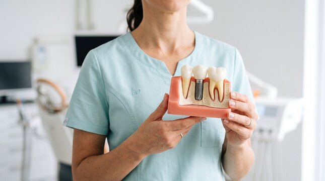 Healthcare worker holding dental implant model, representing prosthodontics, tooth replacement, and modern dentistry.