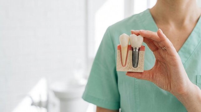 Dentist showing artificial tooth structure, symbolizing dental restoration, missing tooth solutions, and advanced oral care.