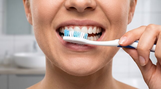 Person brushing teeth in bright bathroom, representing cleanliness, preventive healthcare, and oral health awareness.