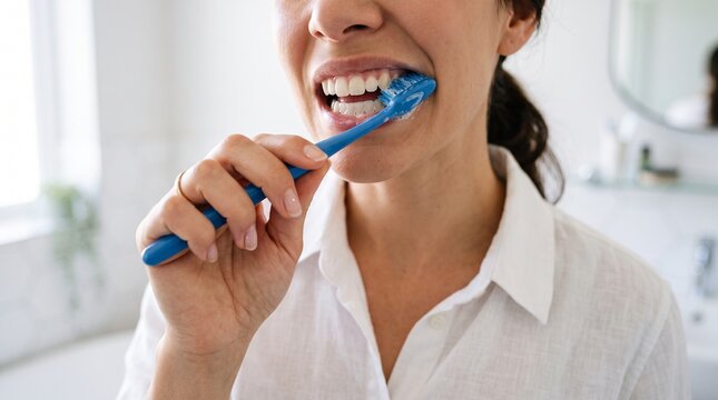 Woman cleaning teeth with toothbrush, representing modern oral care, hygiene habits, wellness, and healthy living.