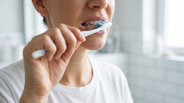 Person brushing teeth with toothbrush, symbolizing oral hygiene, dental care, healthy habits, wellness, and daily self-care routine.
