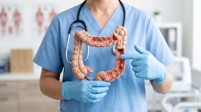 Healthcare professional examining colon anatomy model, representing digestive system, diagnosis, anatomy study, and medical science.