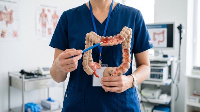 Doctor holding human intestine model, symbolizing digestive health, gastroenterology, medical education, and healthcare research.