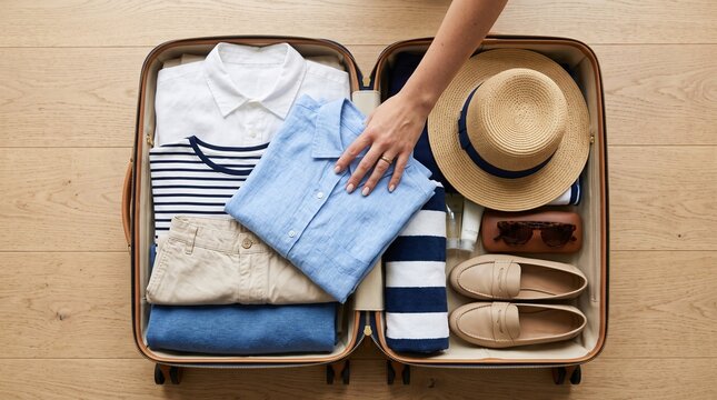 Open travel bag with neatly arranged clothes and accessories, representing packing skills, lifestyle planning, and global journeys.