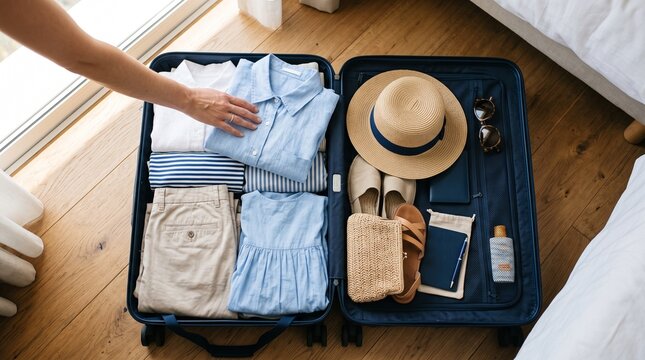 Open suitcase with neatly packed clothes and travel essentials, symbolizing travel planning, organization, adventure, and lifestyle.