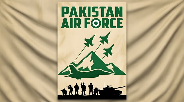  Sepia Toned Pakistan Air Force Propaganda Poster with Green Fighter Jets Ascending Over Mountains and Soldier Silhouettes with a Tank