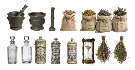 Medieval apothecary herbs, mortar and vintage medicine collection © Valeri Luzina