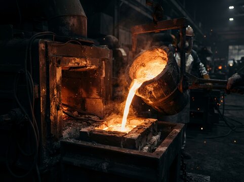 Industrial scene showing a worker pouring glowing molten metal from a crucible into a mold within a dark heavy manufacturing foundry with sparks flying around