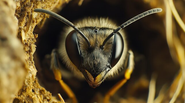 Close up view of a bee's face with intricate details