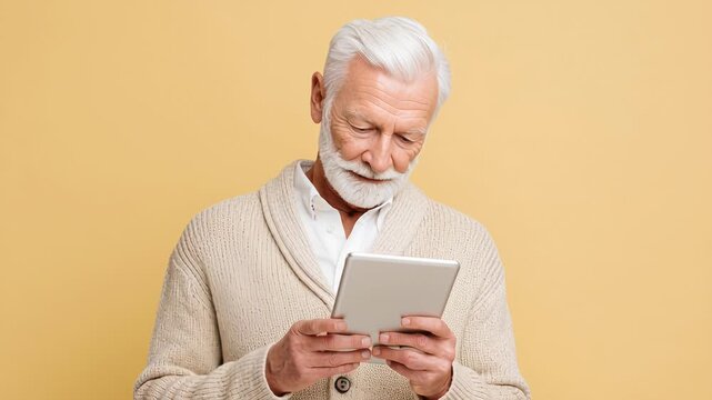 Elderly man with white hair using digital tablet on neutral background