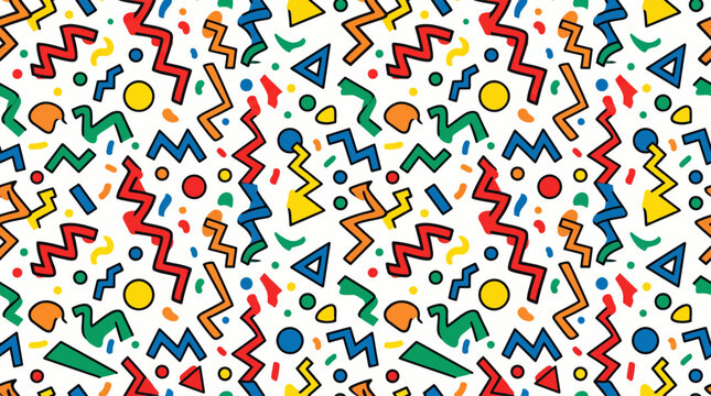 Seamless Memphis Group 80s Pattern with Playful Colorful Geometrics