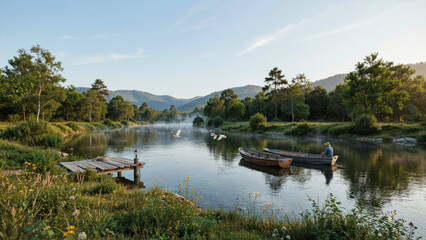Fototapeta premium Wide river flowing through dense green forest with clear blue sky and calm