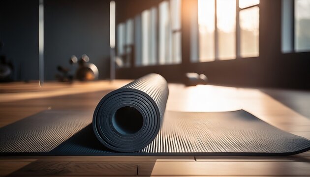 rolled rubber mat for pilates and yoga workouts in gym fitness studio