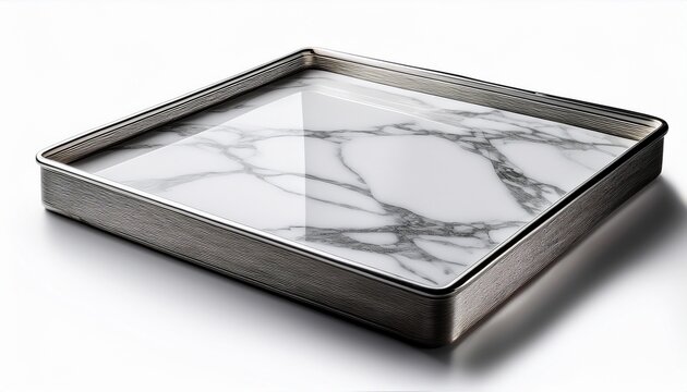 minimalist white marble square tray with chrome base cut out on white background