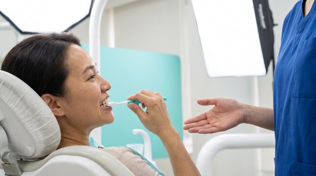 Adult patient practices gumline brushing in care bay