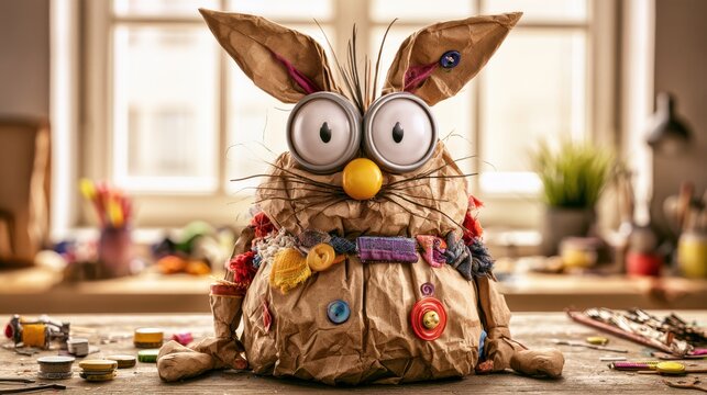 Brown paper bag bunny craft with button decorations