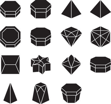 Geometric 3D shapes set, black minimalist polyhedral icons. Abstract faceted crystal and box silhouettes. 15 vector elements for branding.