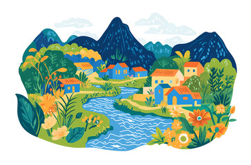 Naklejka premium A Peaceful Mountain Village by the River