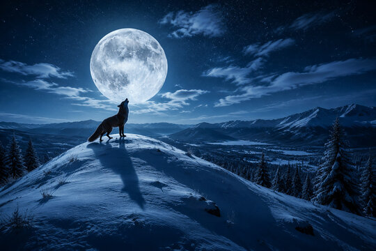 Lone fox silhouetted against a full moon on a snow-covered hill at night.