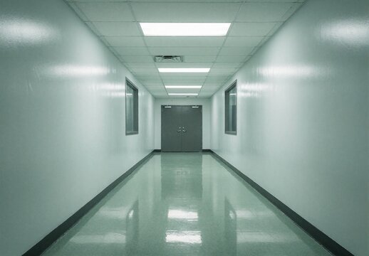 Empty Hospital Corridor with Clinical White Walls and Fluorescent Lighting