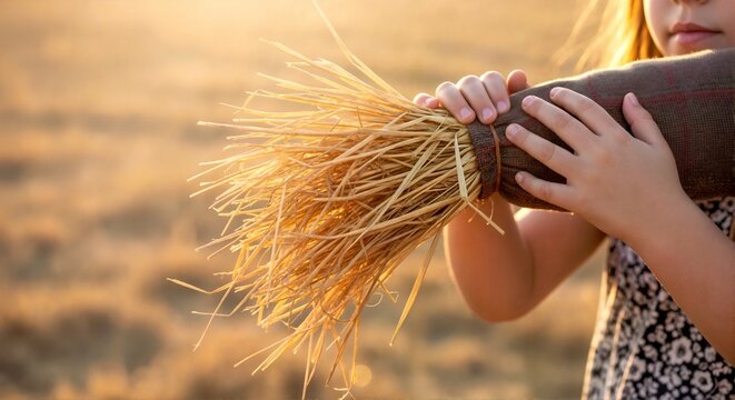 Close up of young white girl holding scarecrow straw arm. Caucasian child touching plaid sleeve in golden autumn field. Harvest season detail. Faceless view