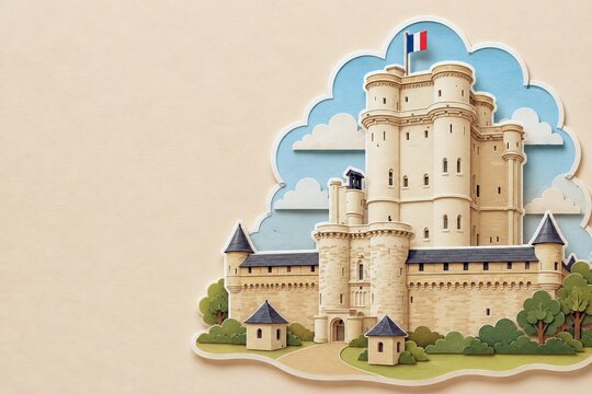 French Medieval Castle with Flag, Trees and Copy Space in Paper Cut Style