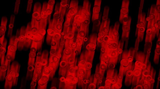 Abstract red glowing cylinders and circular shapes on black background, futuristic 3d technology