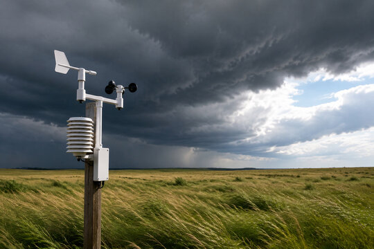 Weather station in meadow with storm clouds, weather forecast concept