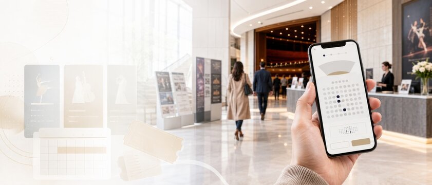 Theater performing arts fall season with smartphone ticketing in modern lobby