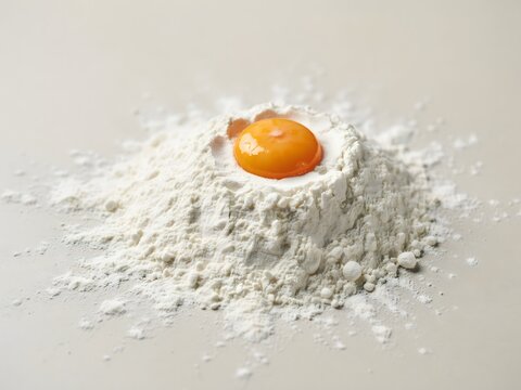 Raw egg cracked into flour pile for baking preparation with fresh ingredients concept
