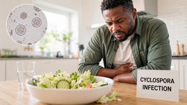 Man with stomach pain near salad highlighting cyclosporiasis infection