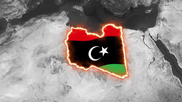 Libya map burning with bright intense fire animation video clip motion