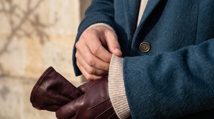 Fototapeta premium Elegant Man's Hands Adjusting Leather Gloves with Blue Coat