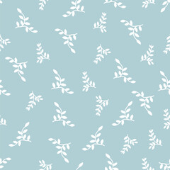 Fototapeta premium Hand drawn white leaf vines and botanical branches scattered seamless pattern on soft dusty blue background. Minimalist simple greenery foliage, organic leafy sprigs vector illustration.