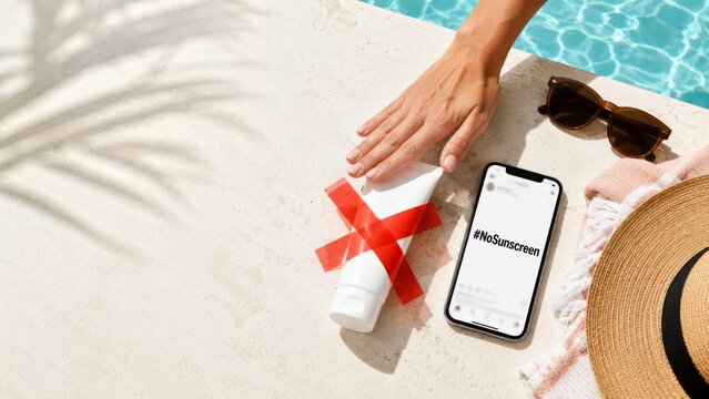 Bottle with red tape near pool symbolizing SPF safety, nosunscreen concept, background
