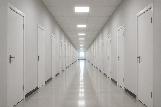 Empty corridor with closed white doors receding toward a bright window