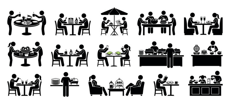 Stick figure icon set of people enjoying breakfast and brunch in various settings like a cafe, restaurant, buffet, and home, depicting different dining activities and social interactions