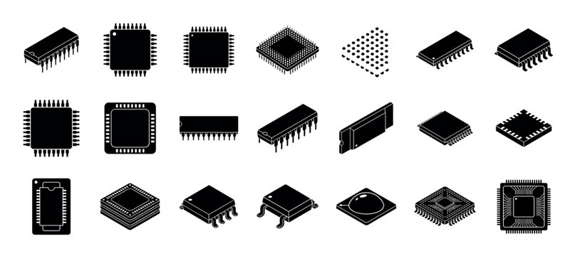 Collection of black electronic integrated circuit icons featuring various microprocessors, memory chips, and components in top-down and isometric vector styles