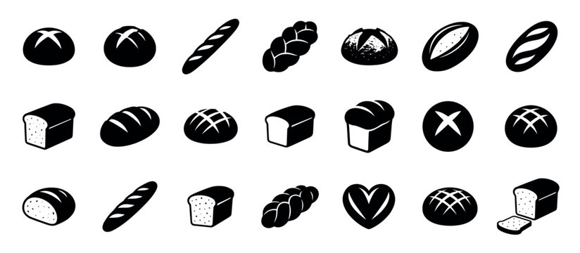 Diverse collection of black bread silhouettes representing various bakery products like loaves, baguettes, challah, and round buns in a clean, minimalist graphic icon set
