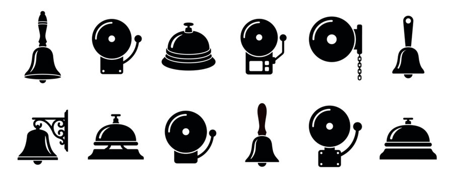 Set of various black bell icons including handbell, school alarm, reception desk, and service bell silhouettes in a minimalist glyph style for notification and alert concepts