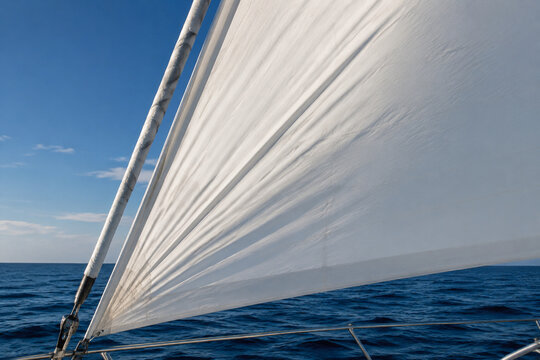 White jib sail on sailboat with blue sea, sailing and freedom concept