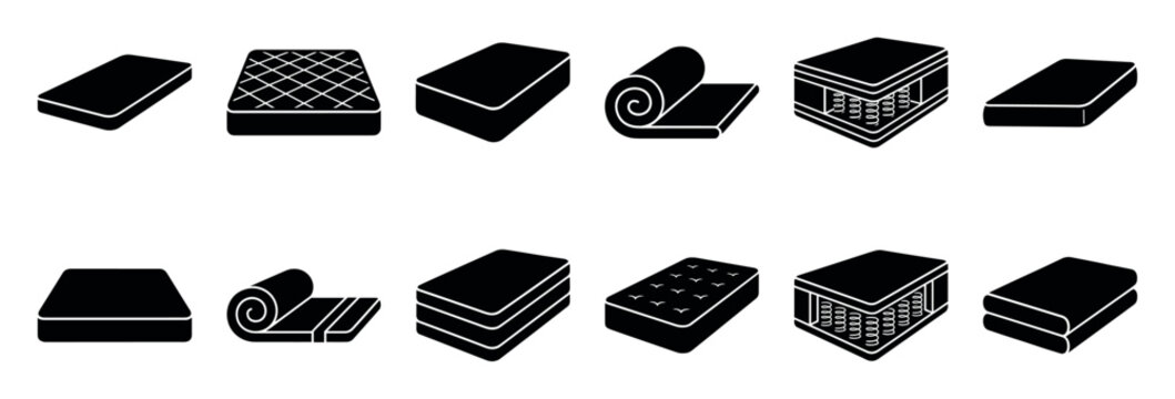 Set of black mattress icons showing different types of bedding including foam, spring, rolled, and layered styles in a simple glyph silhouette collection for sleep concepts